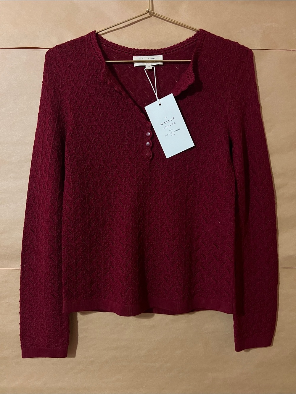 Sezane NWT Alexa Jumper Merino Wool Sweater Button Crochet Knit Burgundy Size XS